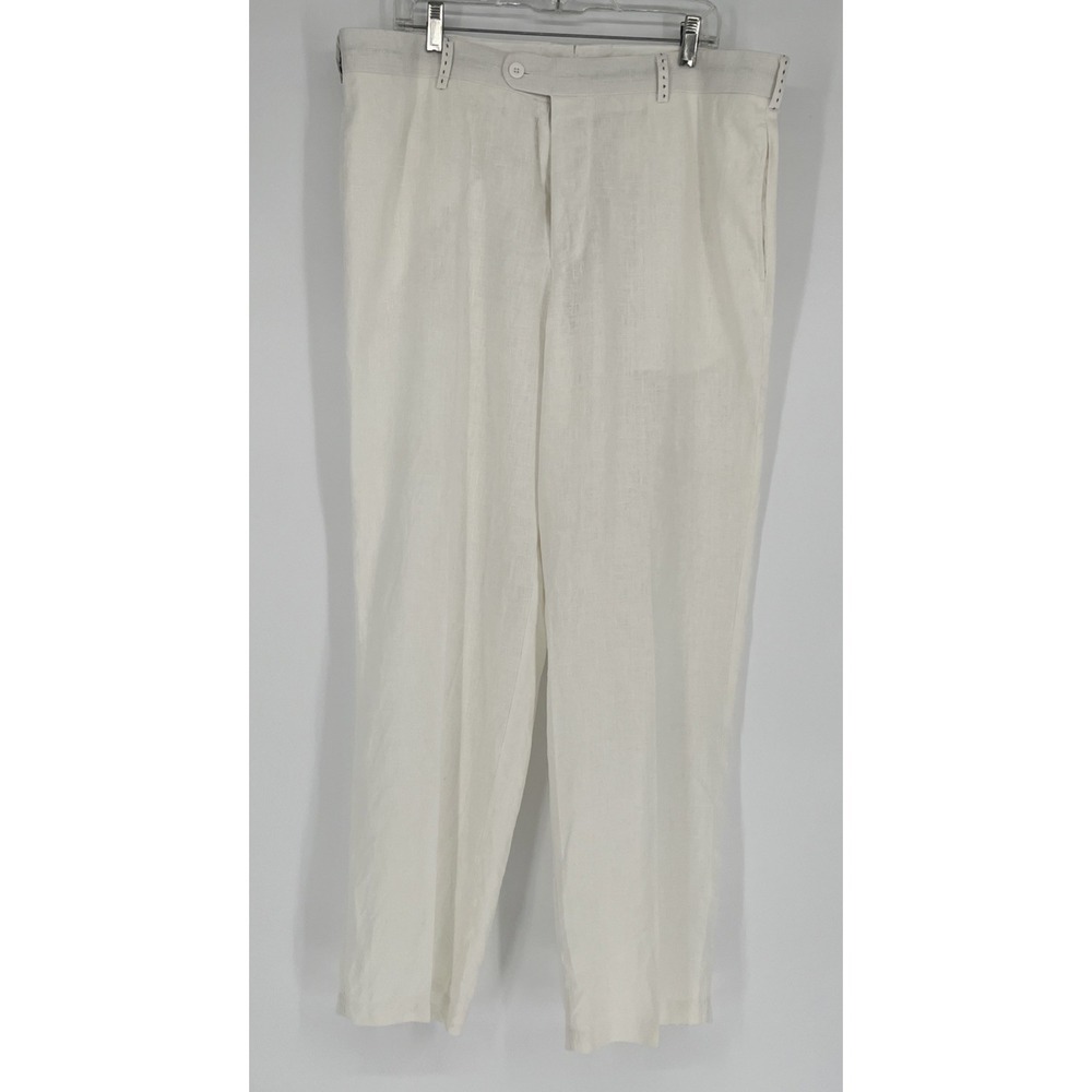 Mens Trouser Pant Linen Ivory Flat Front Sz 38 Black Stitch Detail Beach Wedding
